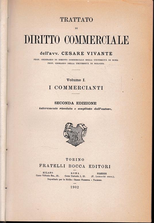 Trattato di diritto commerciale. Vol. I - I commercianti - Cesare Vivante - copertina