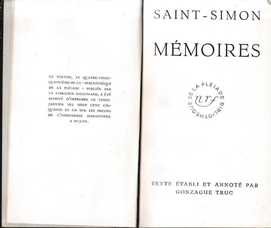 Mémoires. Texte établi et annoté par Gonzague Truc - Claude-Henri de Saint-Simon - copertina