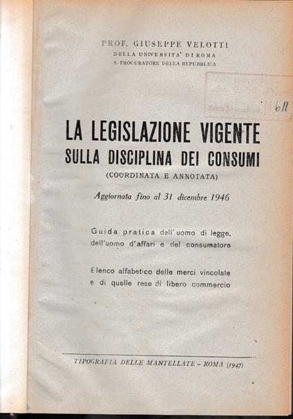 La legislazione vigente sulla disciplina dei consumi - copertina