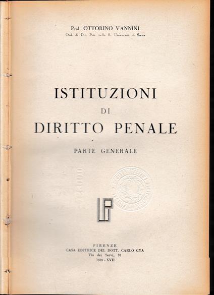 Istituzioni di diritto penale. Parte generale - Ottorino Vannini - copertina