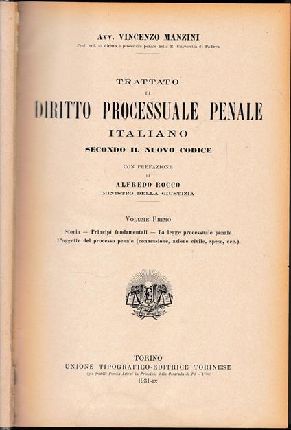 Trattato di diritto processuale penale italiano secondo il nuovo codice, due volumi. Opera completa - Vincenzo Manzini - copertina