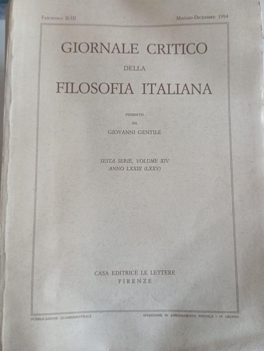 Giornale critico della filosofia italiana - Giovanni Gentile - copertina
