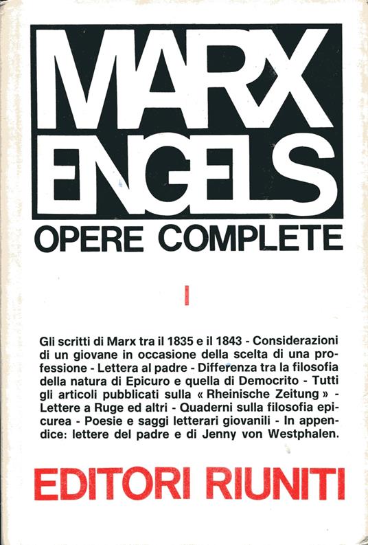 Opere complete I. Gli scritti di Marx tra il 1835 e il 1843. Lettere al Padre - Friedrich Engels - copertina