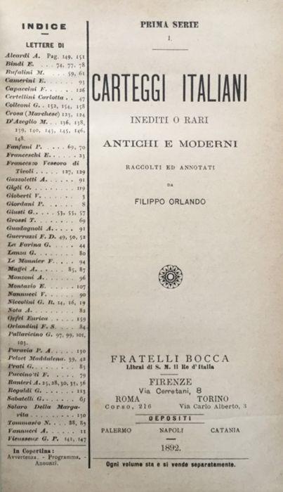 Carteggi italiani inediti o rari antichi e moderni. Prima serie - Filippo Orlando - copertina