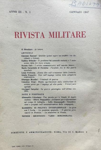 Rivista Militare Anno III n. 1 gennaio 1947 - copertina