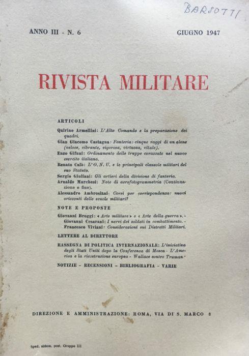 Rivista Militare Anno III n. 6 Giugno 1947 - copertina