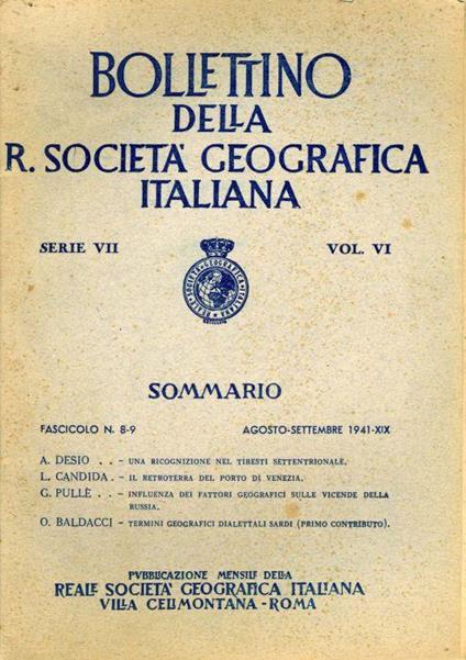 Bollettino della Società Geografica Italiana n. 8-9 (1941) - copertina