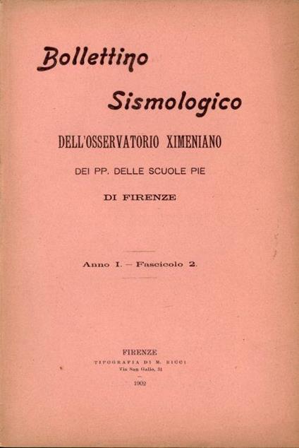 Bollettino sismologico dell'osservatorio Ximeniano dei PP. Delle Scuole Pie 1902 - copertina