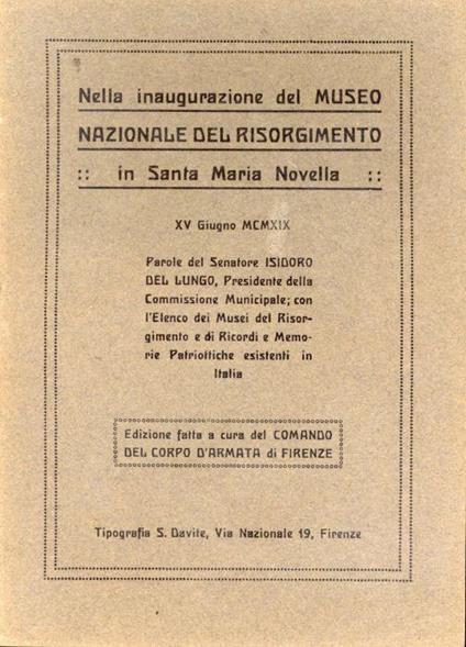 Nella inaugurazione del Museo Nazionale del Risorgimento in Santa Maria Novella (Firenze) - Isidoro Del Lungo - copertina