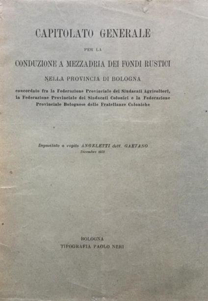 Capitolato generale per la conduzione a mezzadria dei fondi rustici nella provincia di Bologna (1922) - copertina