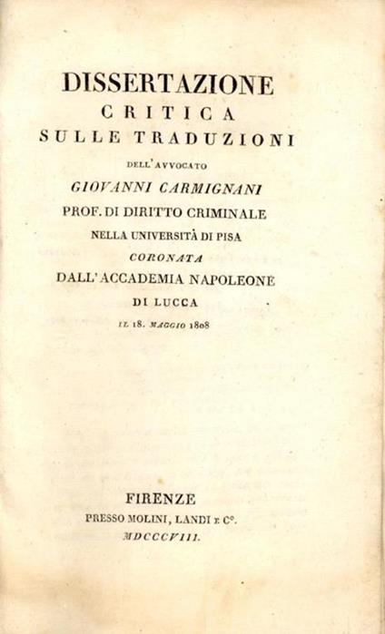 Dissertazione critica sulle traduzioni - Giovanni Carmignani - copertina