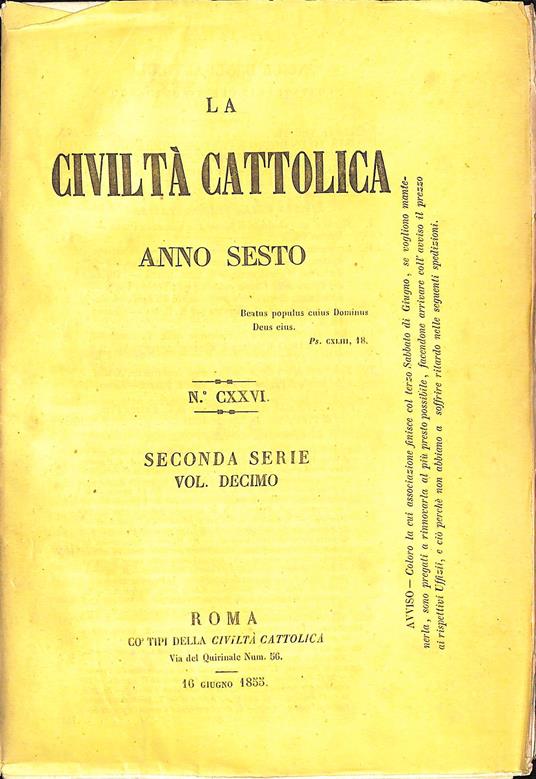 La Civiltà Cattolica 16 giugno 1855 - Autori Vari - copertina