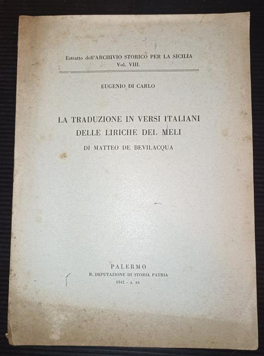 La traduzione in versi italiani delle liriche del Meli di Matteo De Bevilacqua - Eugenio Di Carlo - copertina