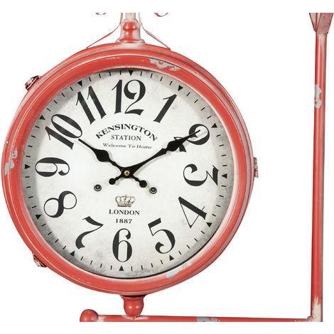 Orologio Bifacciale Da Parete Tipo Stazione In Ferro Finitura Rosso Anticato - 3