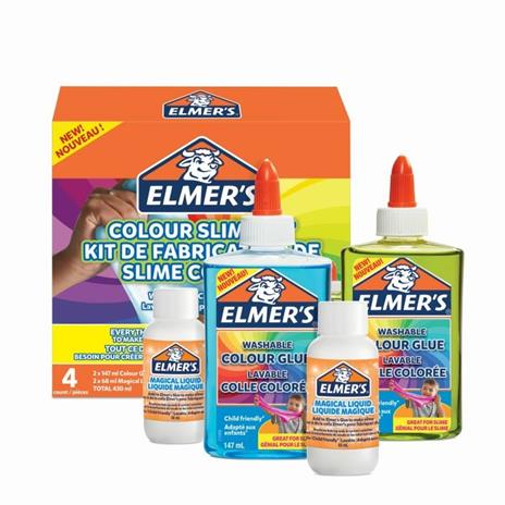 Elmer's SLIME KIT. 2 Flaconi di colla liquida colori VERDE, BLU TRANSLUCIDI da 147 ml + 2 Flaconi di MAGICAL LIQUID da 68 ml - 5