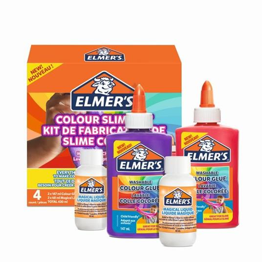 Elmer's SLIME KIT. 2 Flaconi di colla liquida colori PURPLE, ROSA OPACO da 147 ml + 2 Flaconi di MAGICAL LIQUID da 68 ml - 6