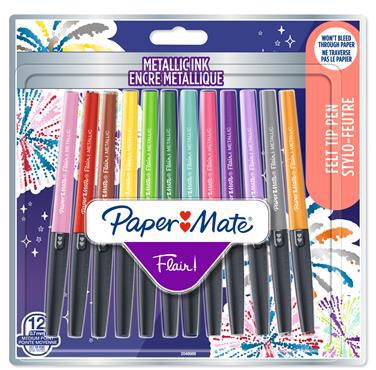 Paper Mate Flair, penne con punta in feltro, colori metallici, Colori assortiti, a punta media (0,7 mm) 12 pezzi
