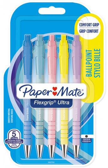 Penne a sfera Paper Mate Flexgrip Ultra Pastel, punta media (1,0 mm), Inchiostro blu, Fusto pastello, 5 pezzi