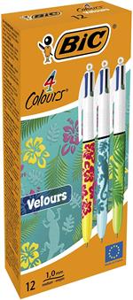 BIC 4Colori Velours, Penna a Sfera a Scatto, Colorate, con Fusto in Velluto, Punta Media, 1 mm, Cancelleria Scuola e Ufficio, 12 Unità