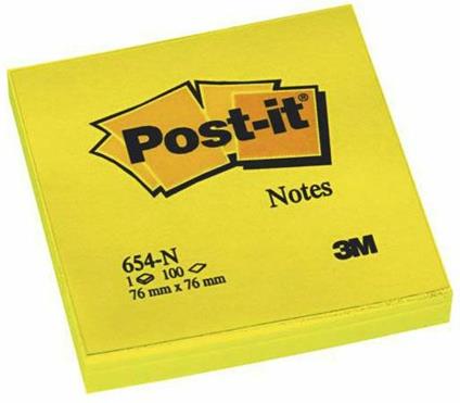 3M Post-it - 100 Foglietti Post-it Colore Giallo Neon 76x76mm (6 Pz)