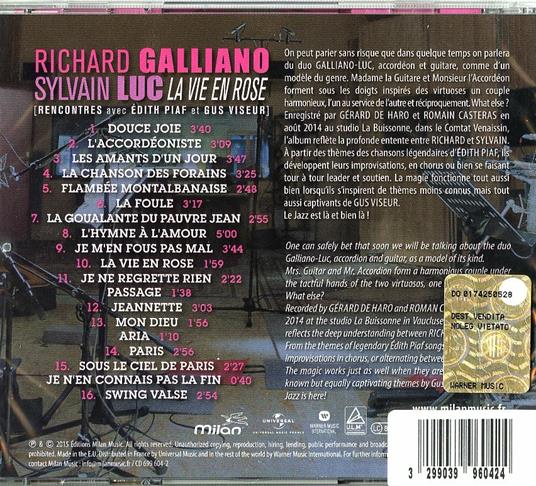 La vie en rose. Rencontres avec Edith Piaf et Gus Viseur - CD Audio di Richard Galliano,Sylvain Luc - 2