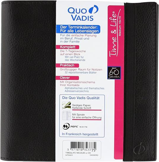 Agenda settimanale 2024, Quo Vadis, 13 mesi, Time&Life MEDIUM, con rubrica, multingue, nero, con elastico - 16 x 16 cm - 4