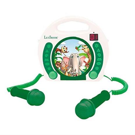 Animals Lettore CD con microfoni, funzione di programmazione, cuffie Jack, per bambini, con alimentatore o batterie, bianco/verde - 2