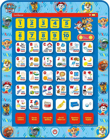 Lexibook Touchscreen ed Effetti sonori Paw Patrol, Tablet bilingue per Imparare Lettere, Numeri, vocabolario e Musica, Lingue Italiano/Inglese, Blue