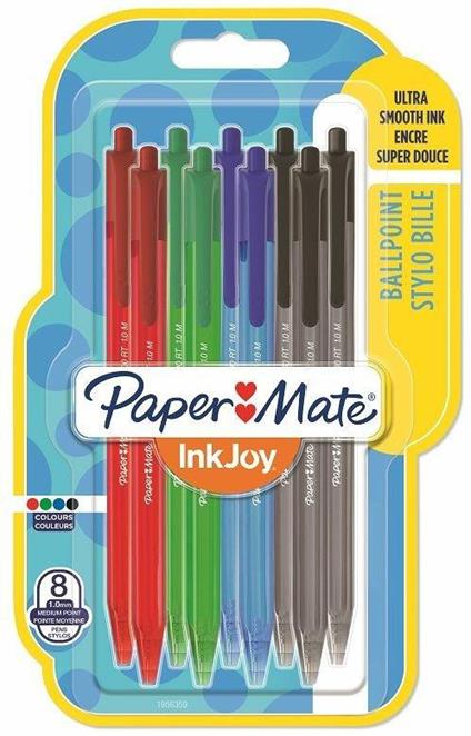 Penna a sfera a scatto Papermate Inkjoy 100 punta da 1,0 mm Colori  Assortiti Nero, Rosso, Blu, Verde - Blister da 8 - Papermate - Cartoleria e  scuola | IBS