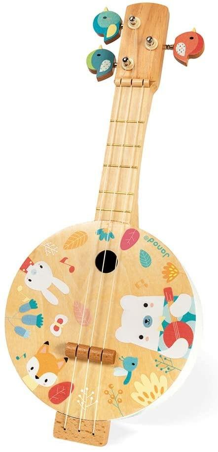 Janod, Banjo Pure, in Legno, con Graziose Illustrazioni Stampate, Vernice Ad Acqua, Meccaniche a Forma di Uccellino, Gioco Imitativo, 3 Corde di Ricambio, Banjo per Bambini da 3 a 8 Anni, J05160