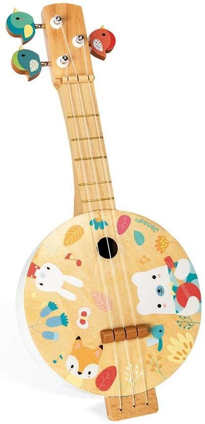 Janod, Banjo Pure, in Legno, con Graziose Illustrazioni Stampate, Vernice Ad Acqua, Meccaniche a Forma di Uccellino, Gioco Imitativo, 3 Corde di Ricambio, Banjo per Bambini da 3 a 8 Anni, J05160 - 2