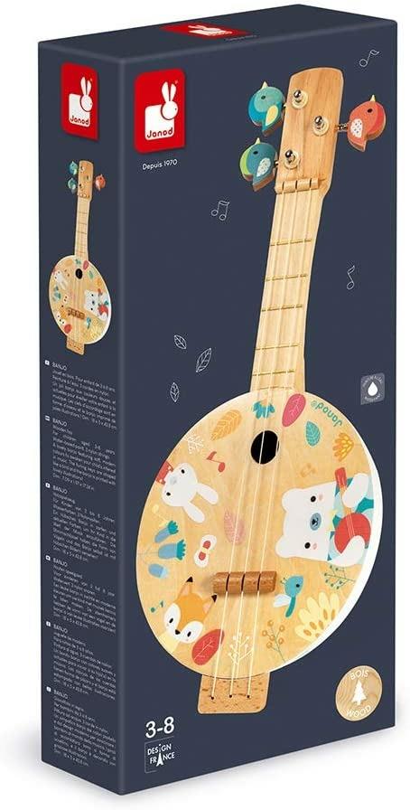 Janod, Banjo Pure, in Legno, con Graziose Illustrazioni Stampate, Vernice Ad Acqua, Meccaniche a Forma di Uccellino, Gioco Imitativo, 3 Corde di Ricambio, Banjo per Bambini da 3 a 8 Anni, J05160 - 4