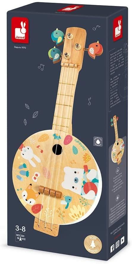 Janod, Banjo Pure, in Legno, con Graziose Illustrazioni Stampate, Vernice Ad Acqua, Meccaniche a Forma di Uccellino, Gioco Imitativo, 3 Corde di Ricambio, Banjo per Bambini da 3 a 8 Anni, J05160 - 5