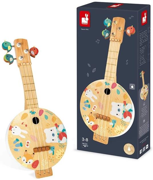 Janod, Banjo Pure, in Legno, con Graziose Illustrazioni Stampate, Vernice Ad Acqua, Meccaniche a Forma di Uccellino, Gioco Imitativo, 3 Corde di Ricambio, Banjo per Bambini da 3 a 8 Anni, J05160 - 6