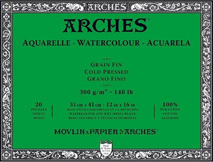 Blocco Acquarello Arches 31x41cm 300gr 20 Fogli 100% Cotone Grana Fine