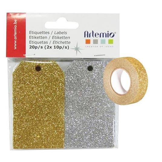 20 etichette con glitter oro & argento + washi tape dorato 5 m - Youdoit - Cartoleria  e scuola