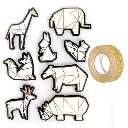 8 adesivi 3D animali da zoo + washi tape dorato 5 m