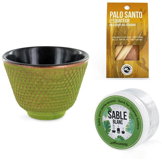 Portaincenso a coppa verde e oro + sabbia bianca + bastoncini di Palo Santo