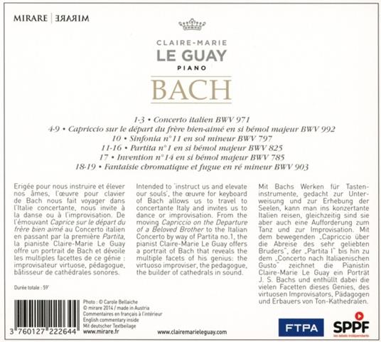 Concerto italiano BWV971 - Capriccio BWV992 - Partita BWV825 - CD Audio di Johann Sebastian Bach,Claire-Marie Le Guay - 2