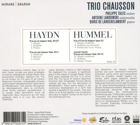 Trii con Pianoforte Hob.xv Nn.1, 12, 27 / Trio N.2 Op.22 - CD Audio di Franz Joseph Haydn,Johann Nepomuk Hummel,Trio Chausson - 2