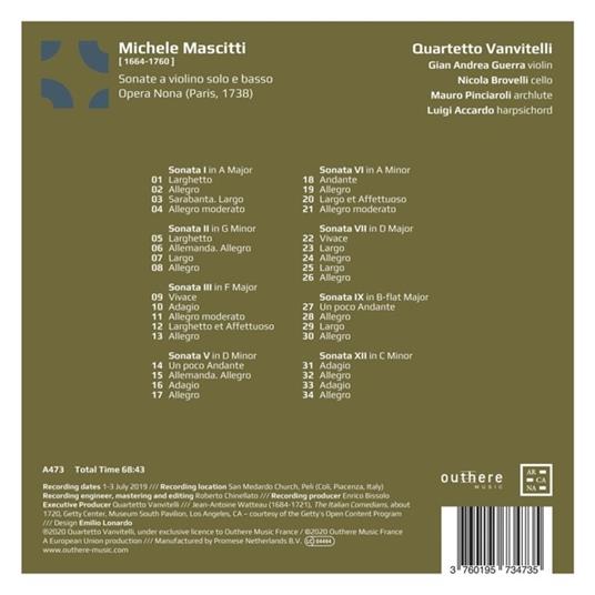 Sonate a violino solo e basso. Opera nona - CD Audio di Michele Mascitti,Quartetto Vanvitelli - 2