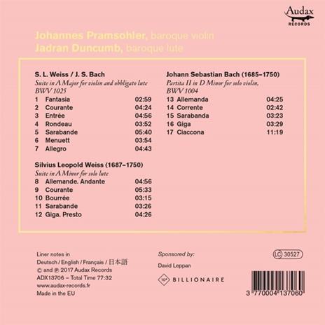 Suite For Violin And Obbligato Lute - CD Audio di Johann Sebastian Bach,Johannes Pramsohler - 3