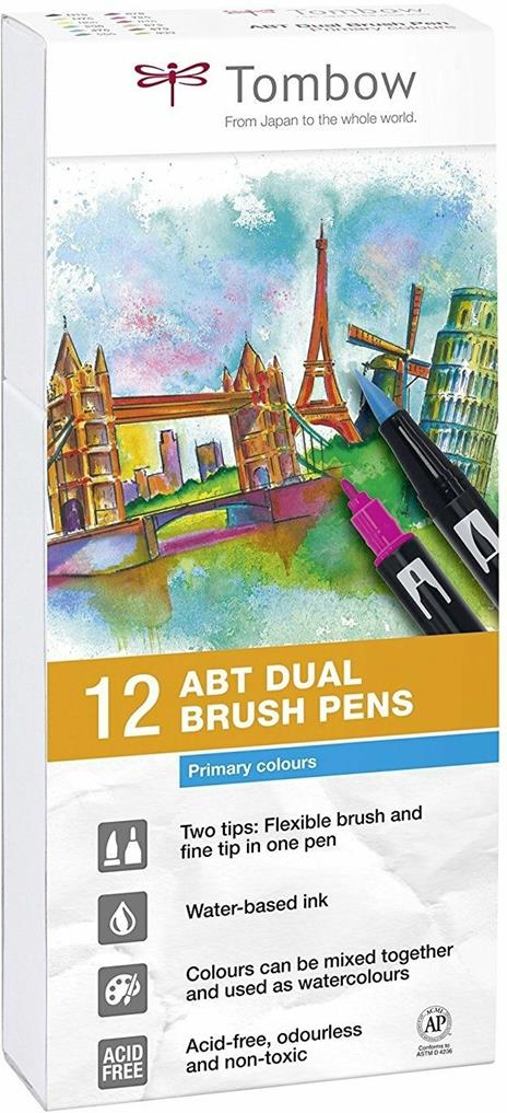 Pennarelli acquarellabili Dual Brush Tombow. Confezione 10+2 colori primari