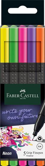 Astuccio in cartone con 5 Grip Finepen Neon (giallo, verde, rosa, viola, arancione)