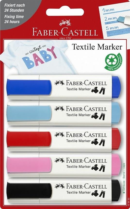 Blister con 5 marker Textile per tessuto - baby  party:blu/azzurro/rosso/rosa/nero - Faber-Castell - Cartoleria e scuola