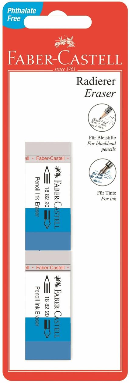 Gomme in vinile rettangolari Faber-Castell per matita e inchiostro. Confezione 2 gomme bianche-blu