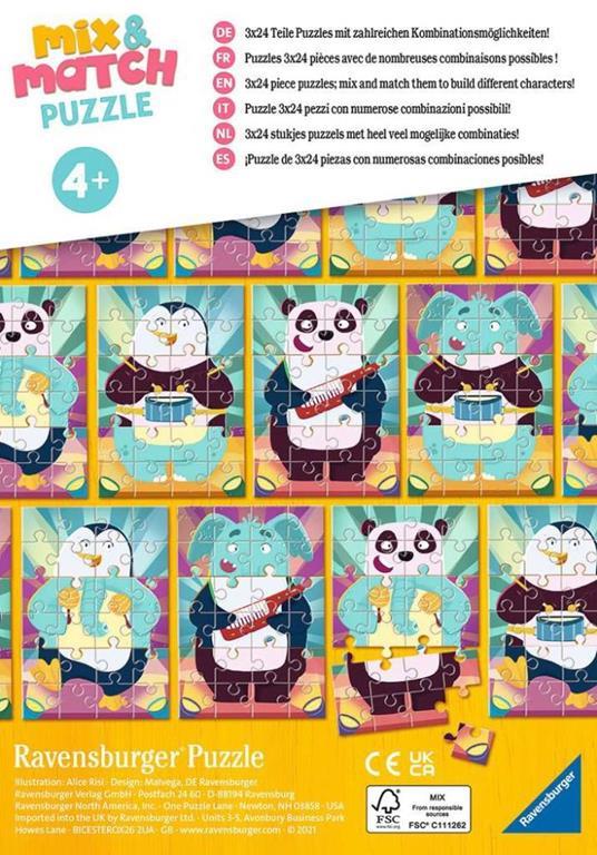 Ravensburger - Puzzle Animali musicali, Linea Mix & Match, 3 Puzzle da 24 Pezzi, Puzzle per Bambini - 3
