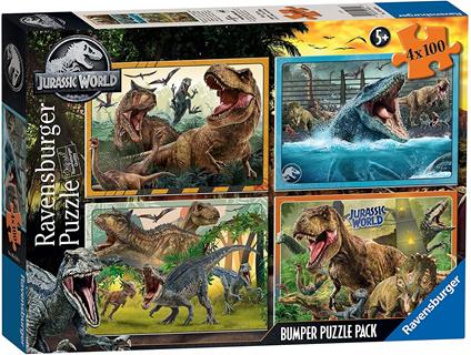 Ravensburger - Puzzle Jurassic World, Collezione Bumper Pack 4X100, 4 Puzzle da 100 Pezzi, Età Raccomandata 5+ Anni