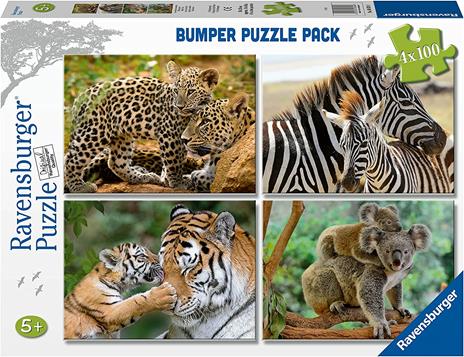 Ravensburger - Puzzle Animali selvatici, Collezione Bumper Pack 4X100, 4 Puzzle da 100 Pezzi, Età Raccomandata 5+ Anni