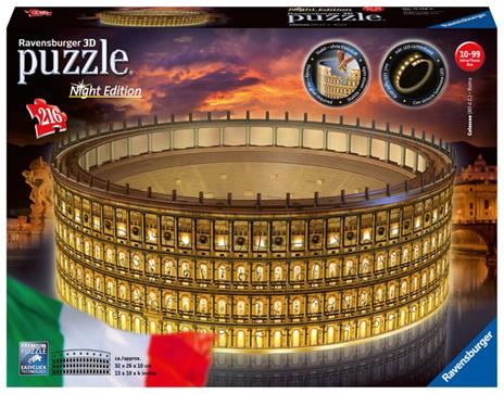 Ravensburger - 3D Puzzle Colosseo Night Edition con Luce, Roma, 216 Pezzi, 10+ Anni